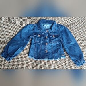 Tahari Girl Cropped Raw Hem Button Up Denim Jean Shirt | Peter Pan Collar | 4